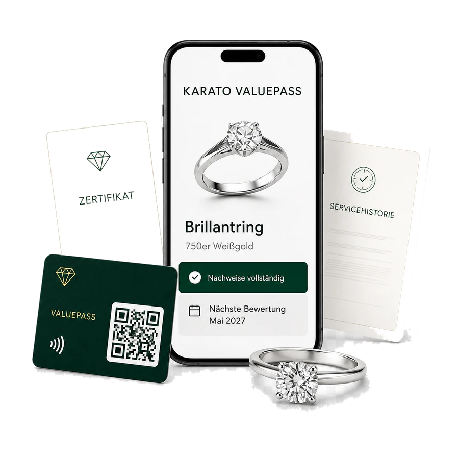 Smartphone mit Karato ValuePass, Zertifikat, Servicehistorie, Diamantring und QR-NFC-Karte.