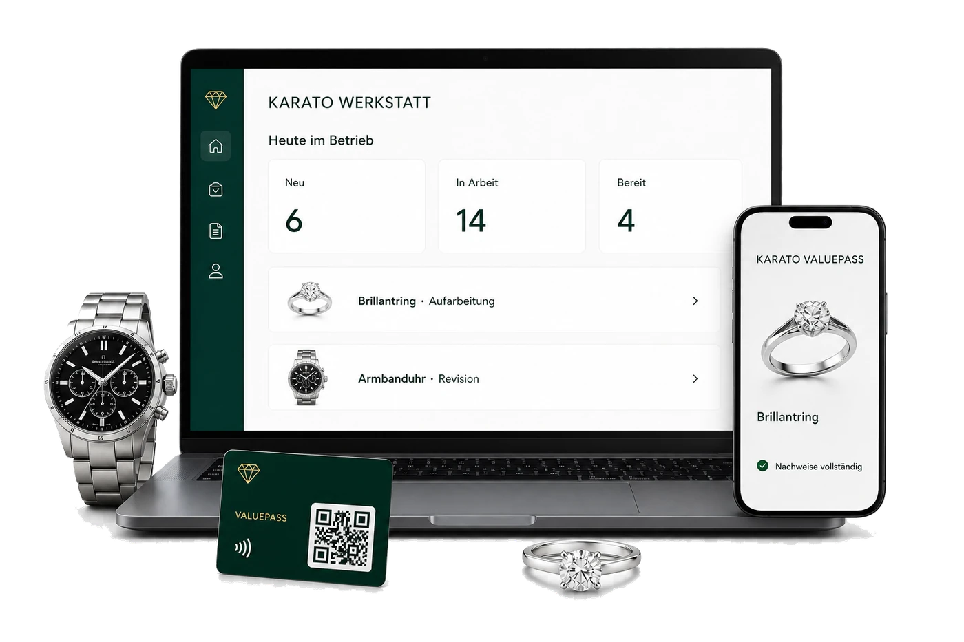Laptop mit Karato Werkstattübersicht, Smartphone mit Karato ValuePass sowie Uhr, Ring und QR-NFC-Karte.
