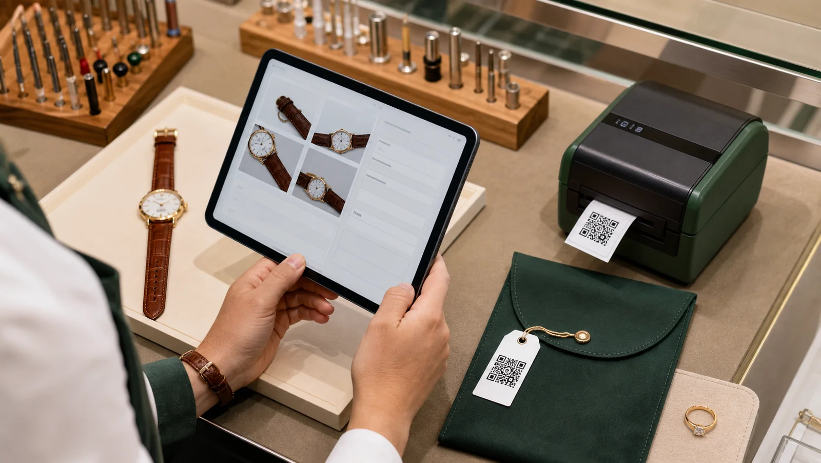 Digitale Schmuckannahme mit Tablet, QR-Etikett und Reparaturbeutel im Fachbetrieb.